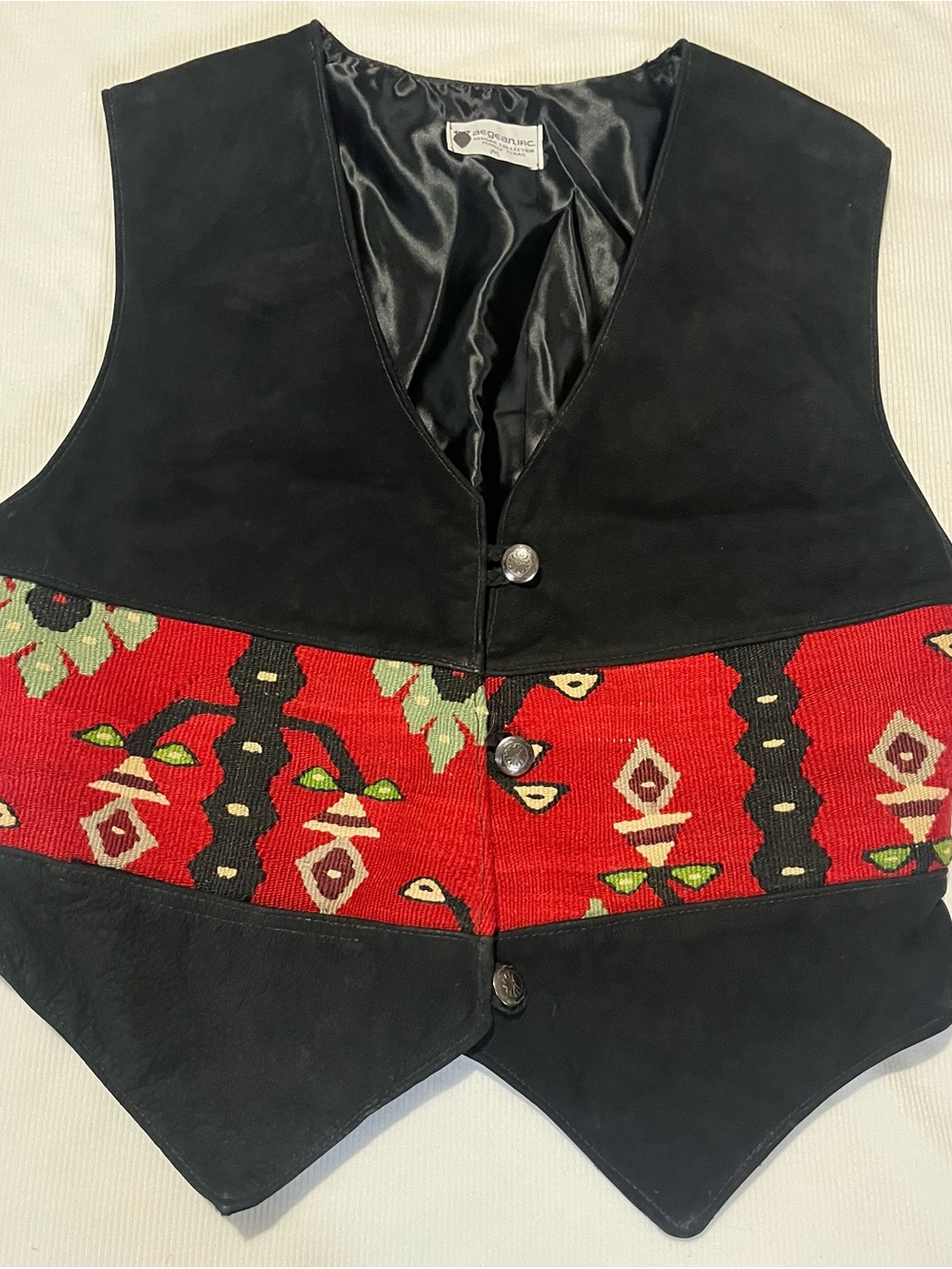 Vintage AEGEAN Black Red Southwestern Suede Leather Tapestry Vest Sz M Medium